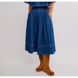 Free People Westley Denim Midi Skirt Pleated A-line Pull On Cotton S 284929